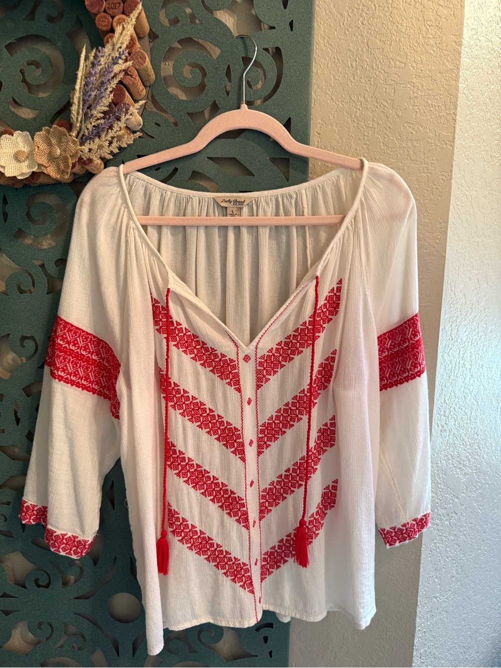 Lucky Brand White Boho Blouse with Red Embroidered Chevron, Like new!